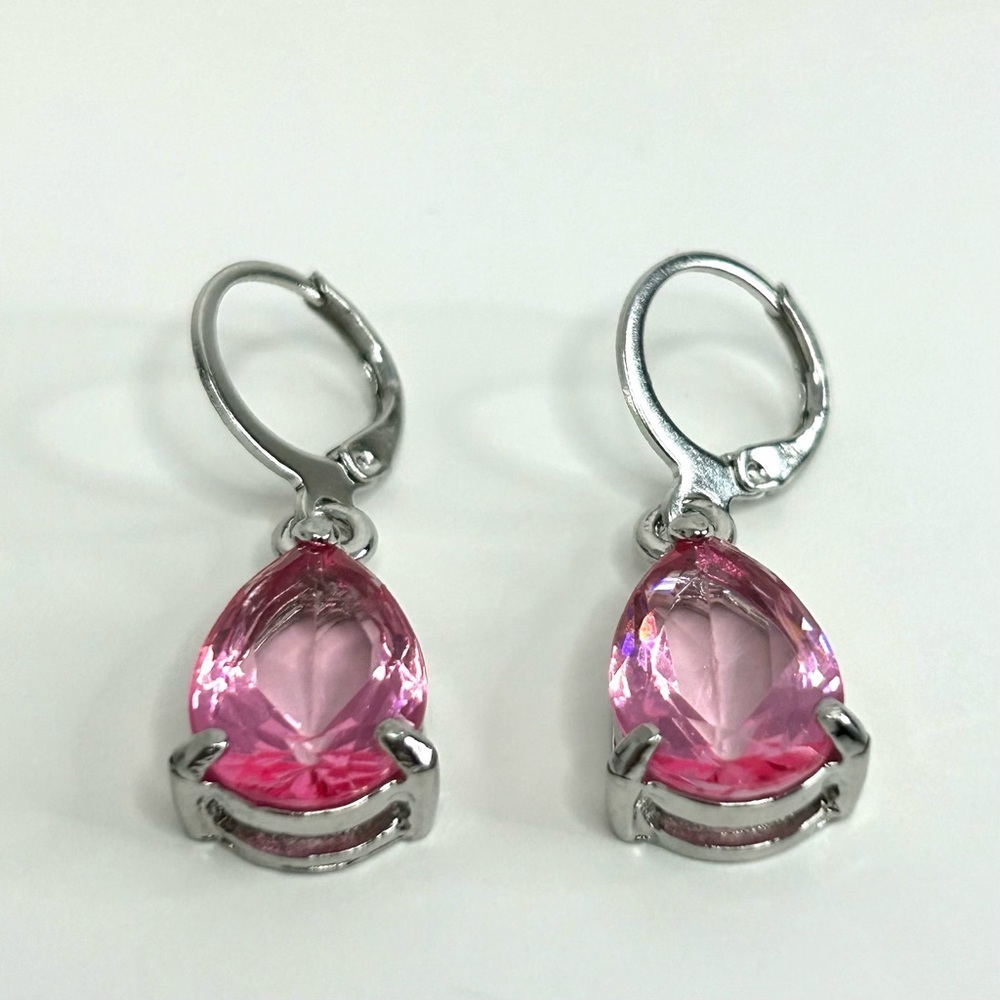 Tear Drop Pink Glass Lever Closure Silver Tone Earrings